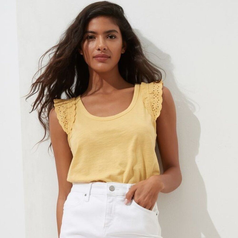 Banana Republic Mixed Media Eyelet Flutter-Sleeve Tank Size Large Yellow